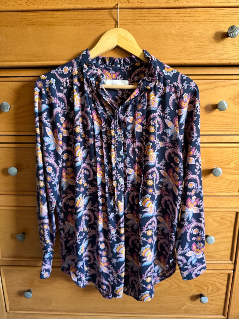 LOFT Floral Womens Blouse Ruffle Collar Button Detail Front Tie Size S Peasant